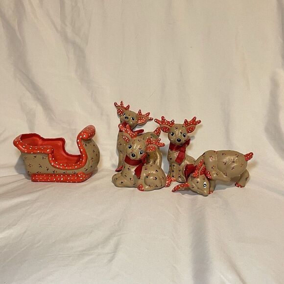 Vintage Kimple Reindeer Sleigh Ceramic Christmas‎ Quilted Hand Painted Holly Red - Picture 1 of 16